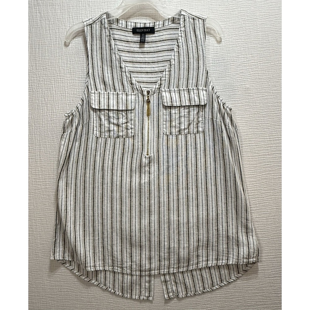 Ellen‎ Tracy Top Women's Size M Tan Striped Quarter Zip Sleeveless Flowy Casual